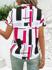 SHEIN LUNE Women V-Neck Short Sleeve Wide Batwing Sleeve Printed Blouse - Hot Pink - View 2