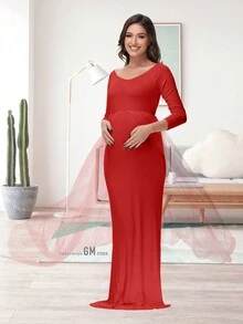 JustVH Maternity Long Sleeve Floor-Length Mesh Dress, Suitable For Baby Photoshoot And Baby Shower Spring - Burgundy - View 8