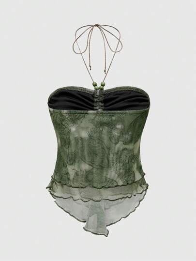 Hippie Top asimétrico sin mangas de verano para mujer con cuello halter, dobladillo fruncido y estampado de cachemira