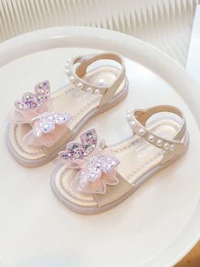 Sandalias planas para niños, zapatos de verano de princesa para niñas pequeñas con lazo rosa brillante y suela suave, zapatos de playa para niñas pequeñas. - Rosa - Ver 2