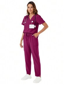 Scrub Uniforms Nurse Set With V-Neck Top & Straight Leg Pants - Red Violet - View 6