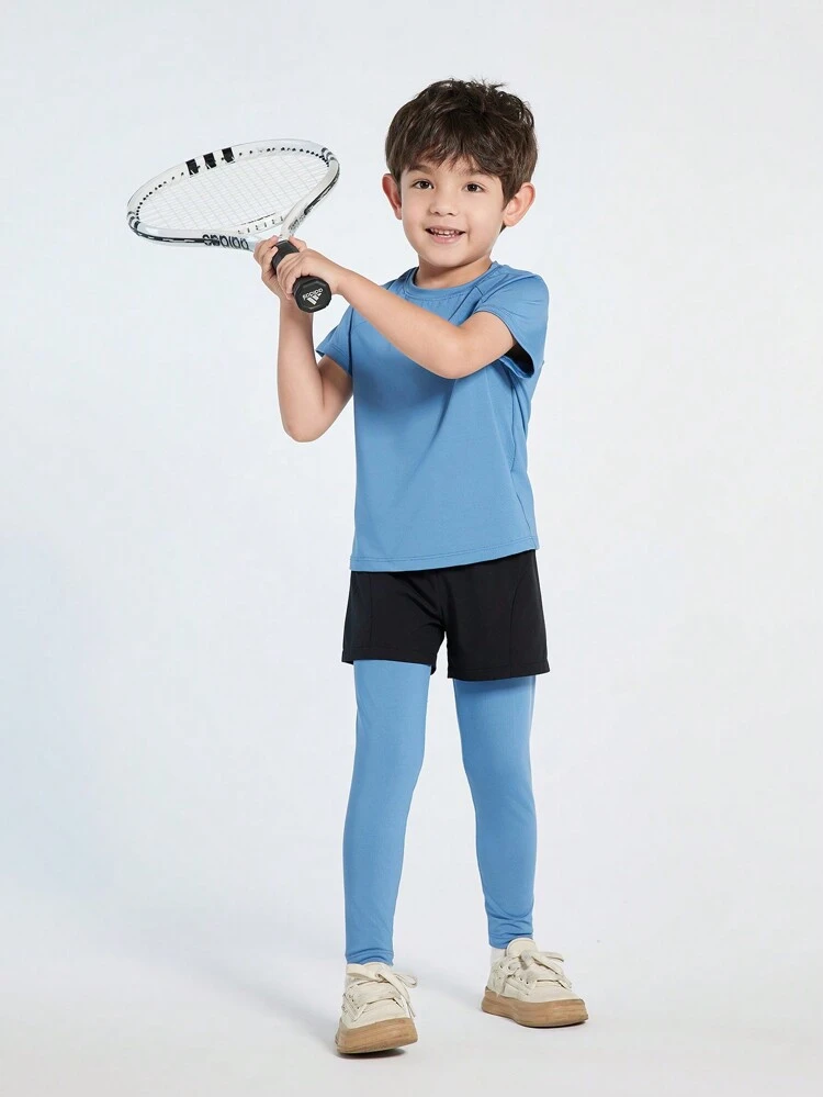 Young Boy Letter Printed Short Sleeve Top With Color Block 2 In 1 Design Leggings Sports Set