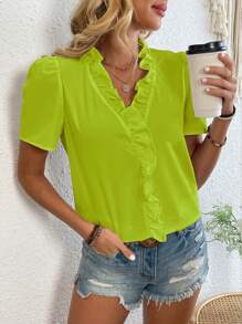 SHEIN LUNE Women Short Sleeve Green Blouse With V-Neck And Ruffle Trim, H Version - Lime Green - View 1