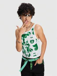 ROMWE MEN ROMWE Avant Men's Summer Casual Character Printed Round Neck Tank Top - White - View 5