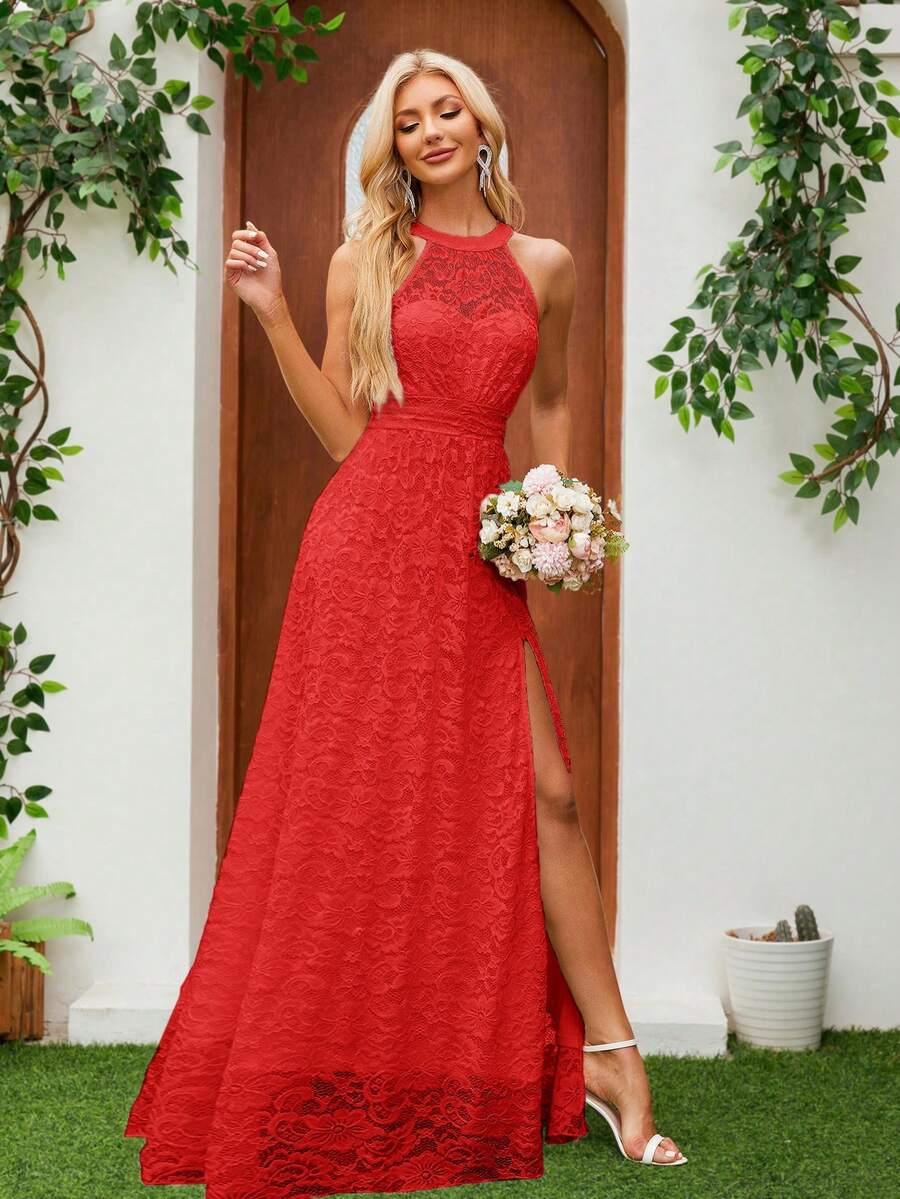 Sleeveless White Lace Dress With Halter Neckline, Cinched Waist, Ideal For Wedding Or Formal Occasions - Red - View 1