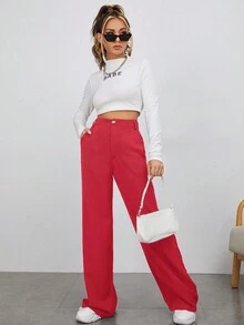 EURMUSE Pantalones rectos unicolor con cremallera