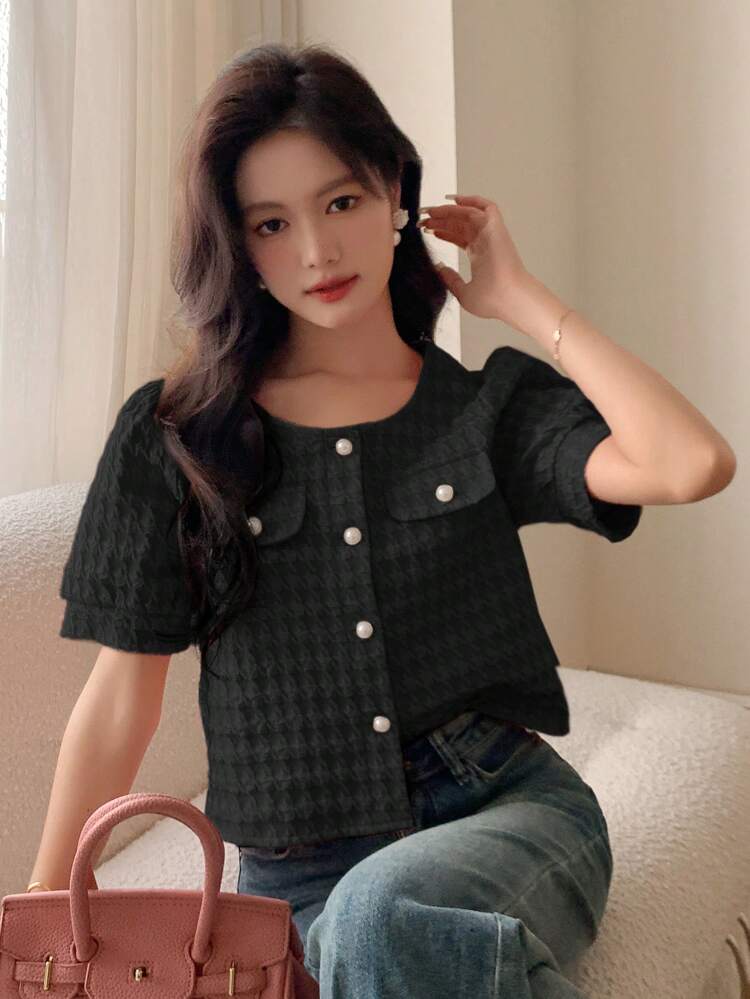 Short Sleeve Round Neck Women Shirt With Textured Fabric Summer,Crop Tops Women