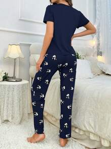 Women's Simple Panda Printed Short Sleeve And Long Pants Pajama Set - Navy Blue - View 2