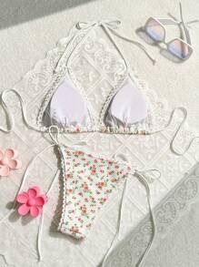 SHEIN Swim 女士系带侧比基尼套装随机印花设计夏季海滩度假比基尼套装 - 彩色 - 查看 3