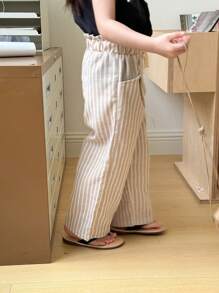SHEIN 青少女條紋紙袋腰寬腿休閒長褲，適用於度假 - 白色 - 查看 4