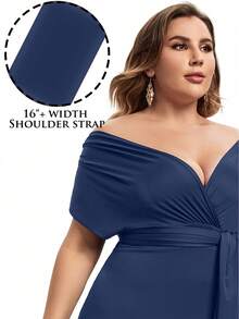 Plus Size Solid Color Off-Shoulder Ruched Criss-Cross Back Dress - Blue - View 3