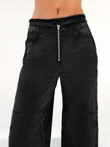 拉鍊開襠，生邊直筒牛仔褲 - 黑色 - 查看 3