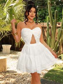 SHEIN SXY Conjunto de mujeres para vacaciones de verano en la playa Y2K con falda de encaje con volantes de unicolor para ocio y vacaciones