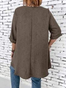 大码圆领纯色休闲中袖衬衫，适合日常夏季穿着 - 鏽棕色 - 查看 2