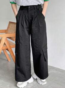 FRIFUL Women's Casual Solid Color Wide Leg Cargo Pants - Black - View 6