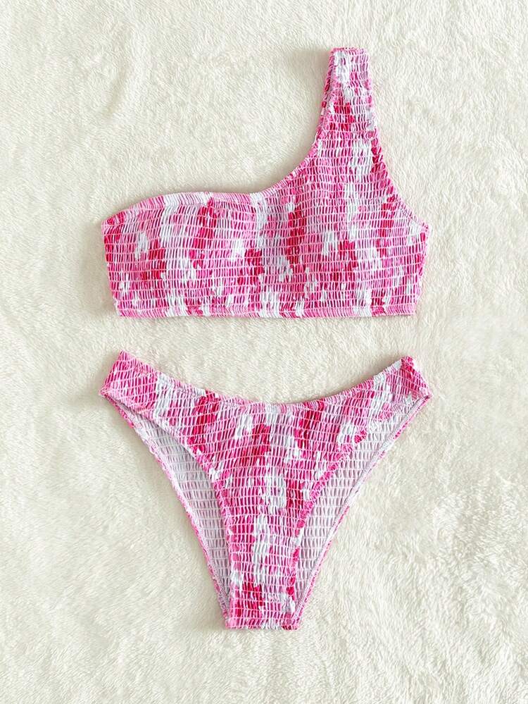 Women's Holiday Printed One-Shoulder Bikini Set, Sexy Bikini Set, Random Print,Summer Beach