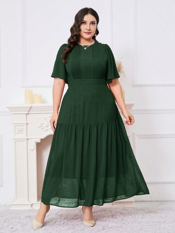 Modelyn Plus Size Solid Color Round Neck Dress With Ruffled Hem For Summer Elegance Long Evening Dresses