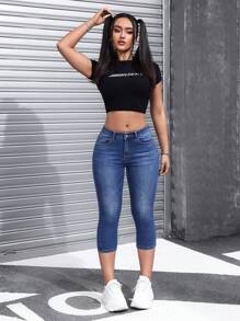 SHEIN EZwear Calça Denim Feminina Skinny 3/4 Simples Para Uso Diário - Lavagem Média - Visão 2