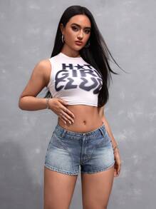 SHEIN EZwear Quần short denim mùa hè thông thường dành cho nữ để mặc hàng ngày - Màu xanh lam - Xem 5