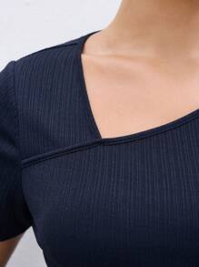 BizChic Áo thun nữ tay ngắn sọc xanh cổ chữ V có cỡ Plus, áo thun thường ngày mùa hè - Màu xanh hải quân - Xem 7