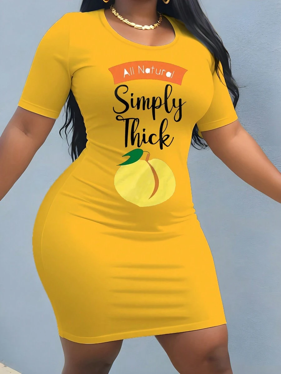 Flirla Plus Size Round Neck Letter And Fruit Printed Short Sleeve Bodycon Dress For Summer - Yellow - View 1