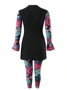 Swim Mulvari Women Printed Splicing Flared Sleeve Burkini Set - Multicolor - View 7
