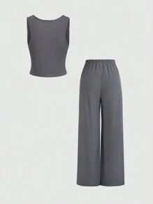 Sweetra 纯色方领褶皱背心和抽绳腰口袋裤，女士工作服两件套 Y2K 服装 - 灰色 - 查看 2