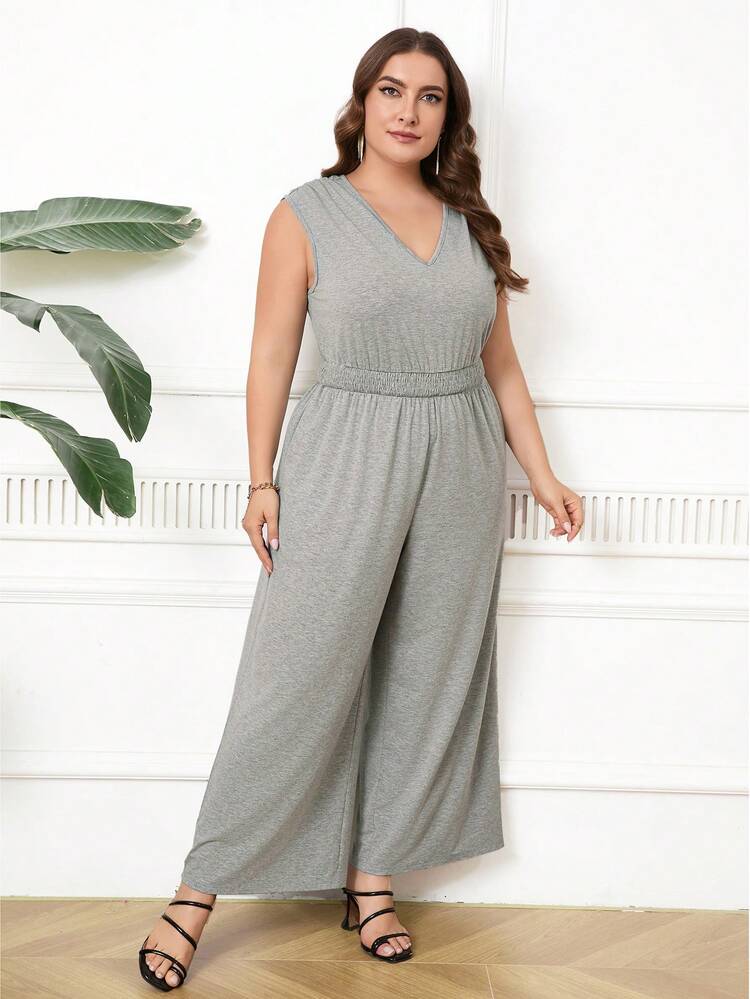 Plus Size Women's Fashionable Solid Color Wide Leg Sleeveless Jumpsuit Country Concert Outfit