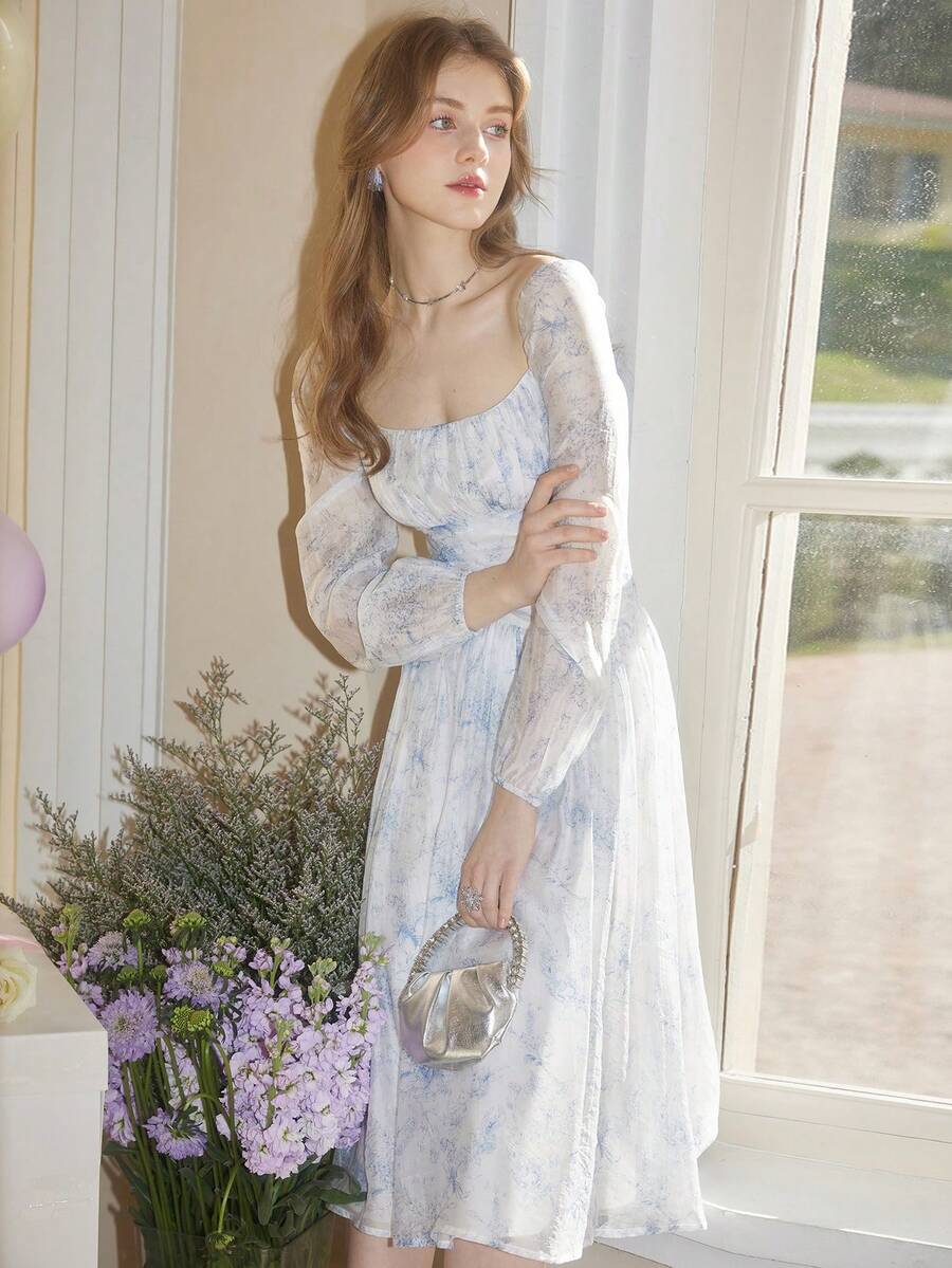 女士复古优雅方领长袖连衣裙，夏季 - 淺藍色 - 查看 1