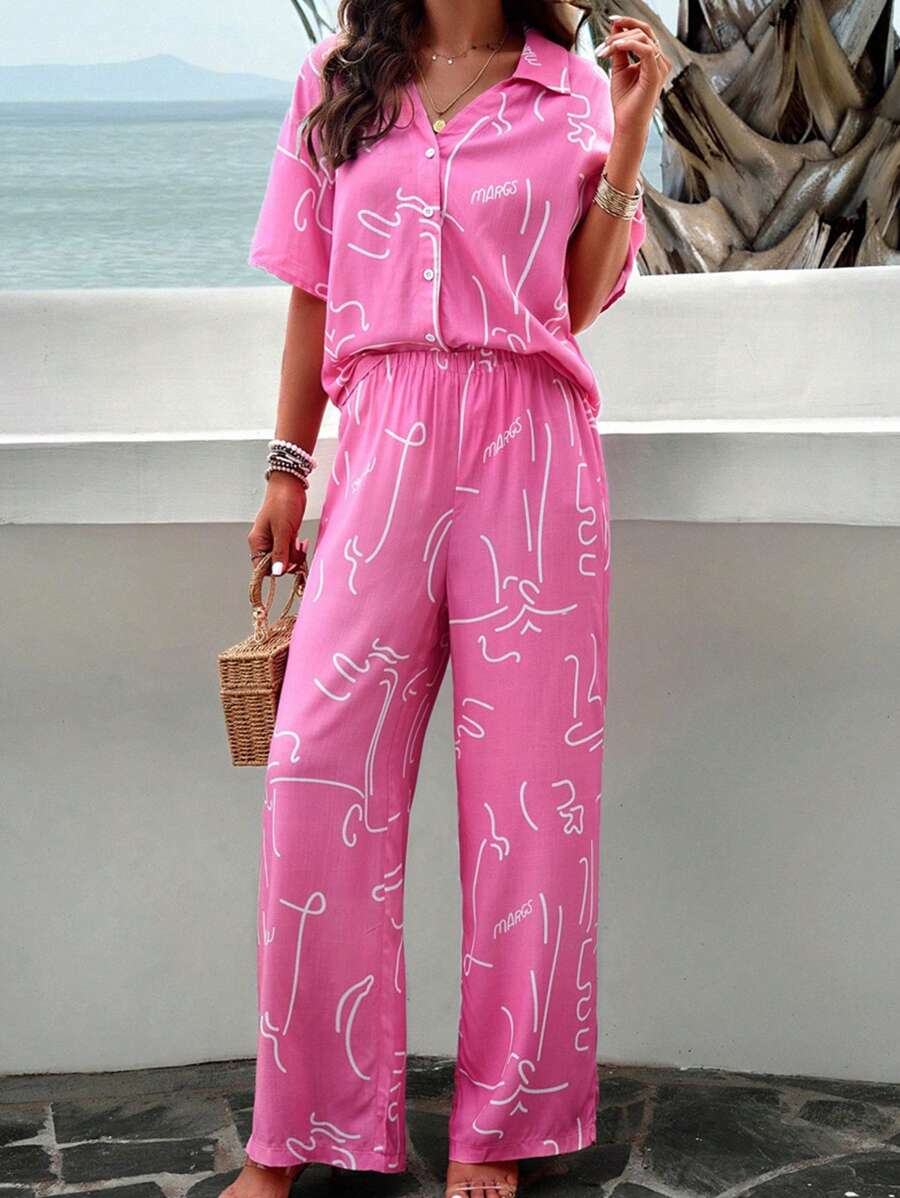 INAWLY Ladies' Vacation Casual 2pcs Random Printed Short-Sleeved Shirt And Long Pants Set - Watermelon Pink - View 1