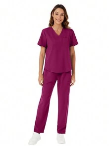 Scrub Uniforms Nurse Set With V-Neck Top & Straight Leg Pants - Red Violet - View 5