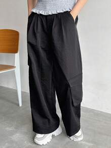 FRIFUL Women's Casual Solid Color Wide Leg Cargo Pants - Black - View 4