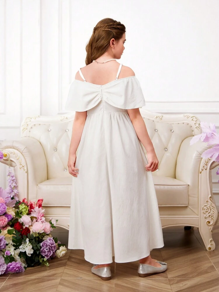Tween Girl Graduation Party Spring/Summer Solid Color Woven Off Shoulder Short Sleeve Dress