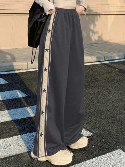 DAZY 女士时尚星星图案撞色运动休闲运动裤 Y2k，女士慢跑裤秋季