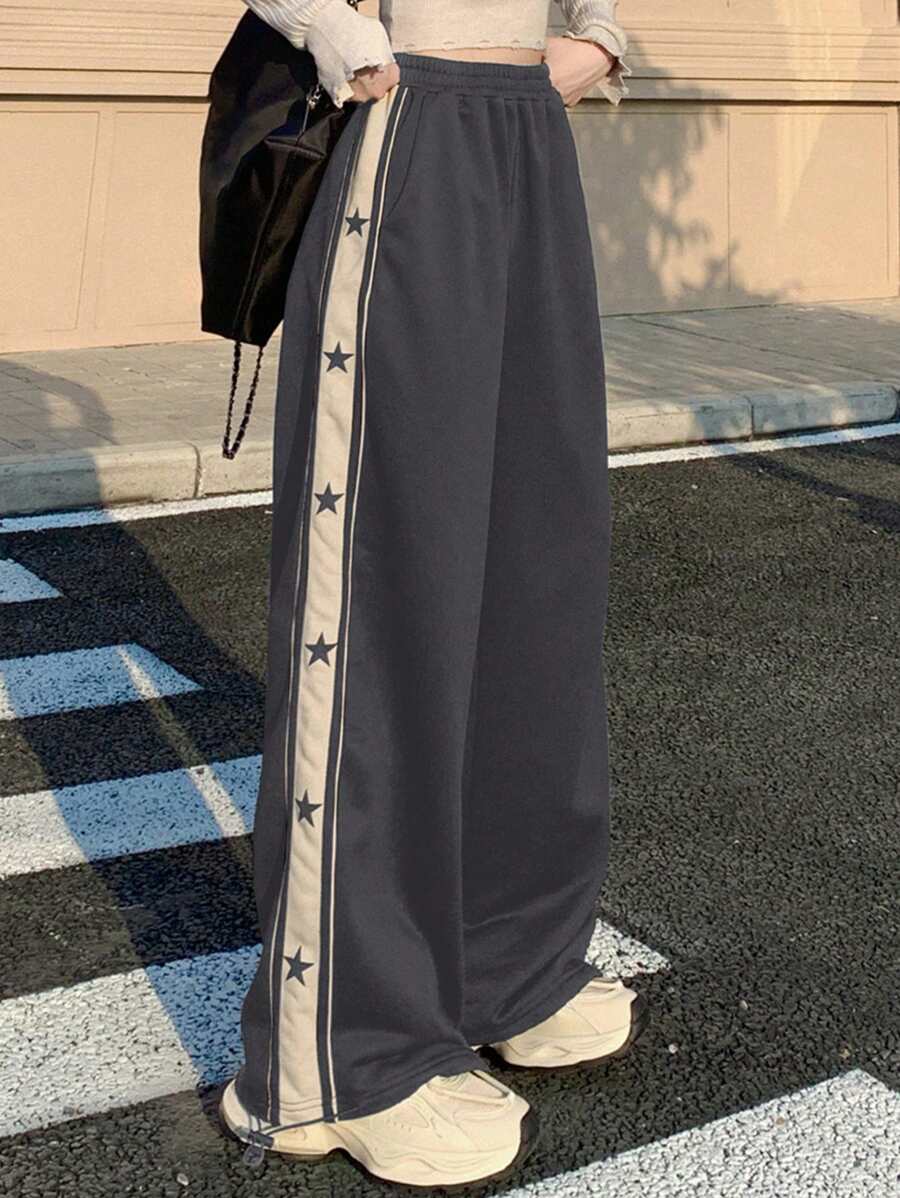 DAZY Quần nỉ thể thao nữ họa tiết ngôi sao màu tương phản thời trang Y2k, quần chạy bộ nữ mùa thu - Màu xám đen - Xem 1