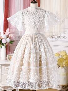 SHEIN 少女優雅蕾絲生日派對公主裙 - 杏色 - 查看 5