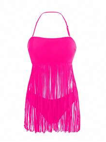 SHEIN Swim 2pcs Solid Color Tankini Set With Fringed Hem Halter Neck Top And Bikini Bottoms For Vacation,Summer Beach - Hot Pink - View 5