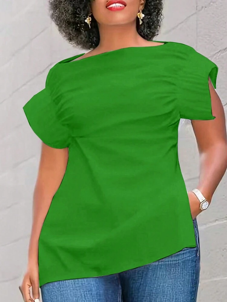 Women's Summer Casual Solid Color Ruched Asymmetrical Hem Shirt