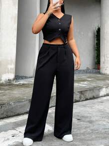 CovetEZ Ensemble gilet et pantalon grande taille pour femmes avec pantalon à jambes larges - Noir - Voir 1