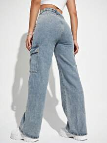 SHEIN EZwear 女士時尚休閒牛仔褲，口袋設計 - 淺色水洗藍 - 查看 2