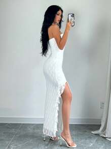 Rafferiza Women Fashionable Solid Color Split Front Strapless Dress