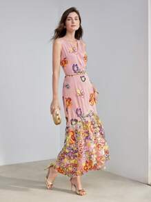 MOTF PREMIUM VESTIDO DE MALLA FLORAL CON BORDADO Y CUELLO DE CRUCE EN FORMA DE SIRENA