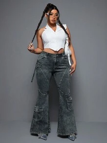 SHEIN ICON Women Plus Size Flare Jeans With Pockets And Distressed Details