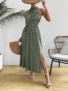 SHEIN LUNE Women's Summer Pleated Polka Dot Printed Criss Cross Halter Dress