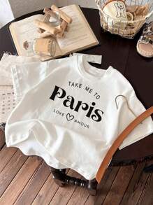 Tween Girl Casual Simple English Print Short Sleeve Round Neck White T-Shirt For Spring And Summer - White - View 1