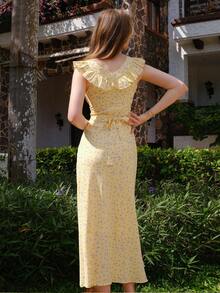 V-Neck Floral Printed Ruffle Hem Elegant Summer Dress - Yellow - View 2