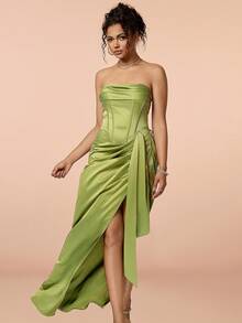 Pleated Satin Tube Dress, Women's 2026 Spring/Summer Strapless Satin Cinched Waist Dress With Pleated Ruffle Hem And High Slit, Romantic Lakeside Evening Party Cocktail Elegant Dress For Music Festival, Wedding Season, Back To School - Olive Green - View 5