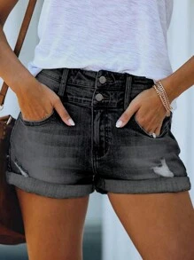 Women's Distressed Two-Button Roll Hem Casual Basic Denim Shorts - Black - View 5