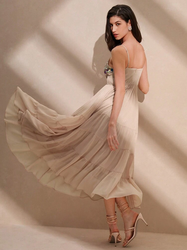 Summer Fashion Sparkly Patchwork Strapless Waist Cinched Dress