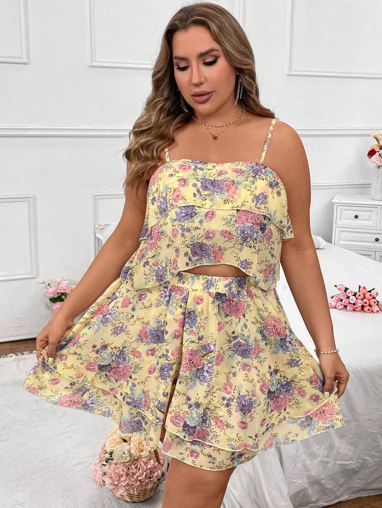 Plus Size Women's Romantic Floral Printed Chiffon Ruffle Hem Cami Top And Midi Skirt Set For Summer Vacation